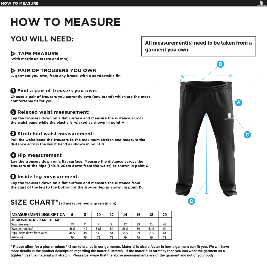 OLD HALESONIANS Women's Ripstop Track Pants - Size Guide