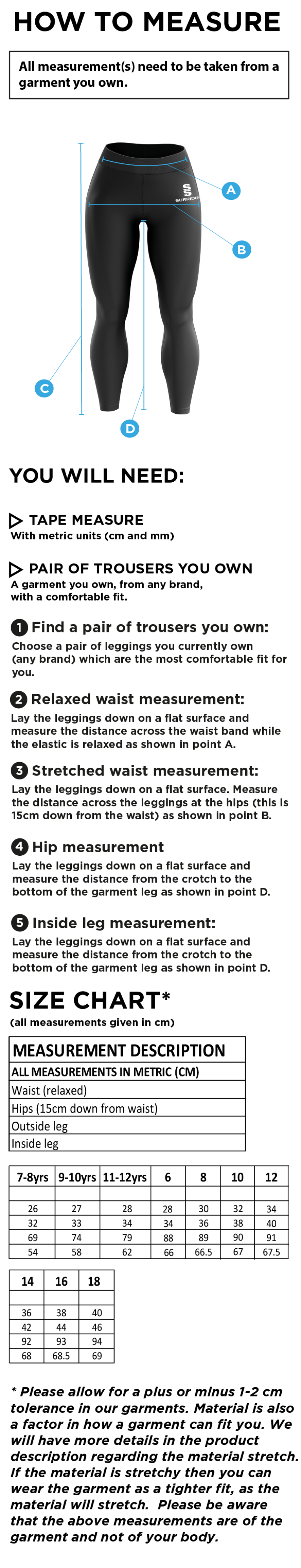 OLD HALESONIANS Performance Full Length Leggings - Size Guide