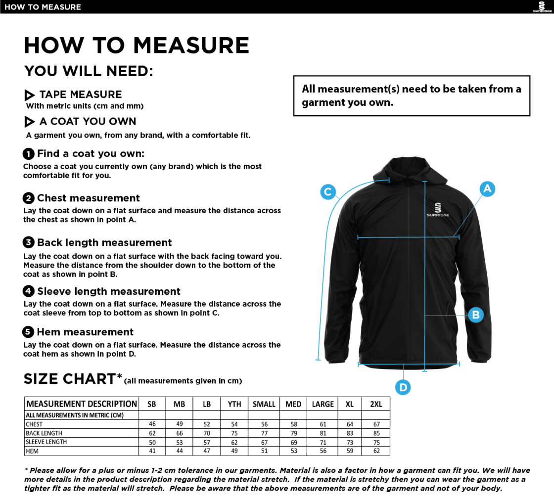 Old Halesonians Youth's Dual Full Zip Training Jacket - Size Guide