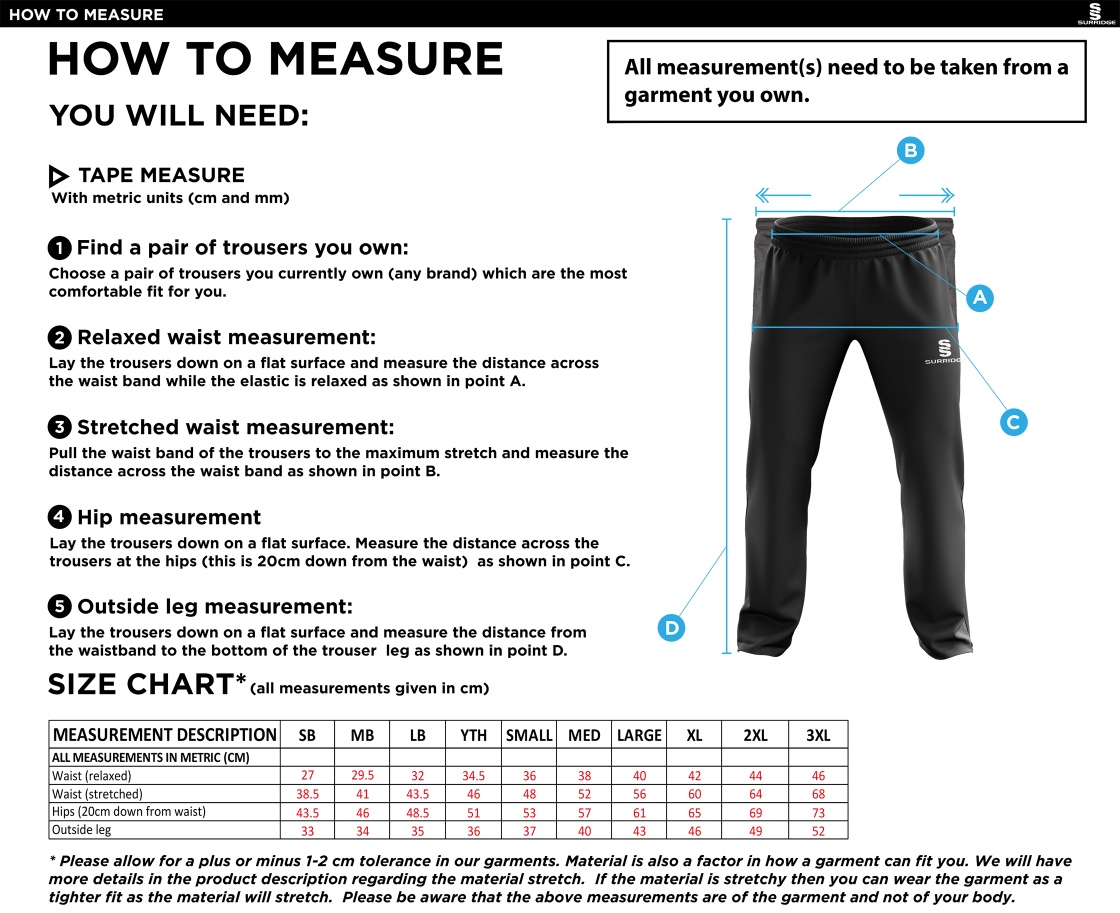 OLD HALESONIANS Youth's Rip Stop Track Pants - Size Guide