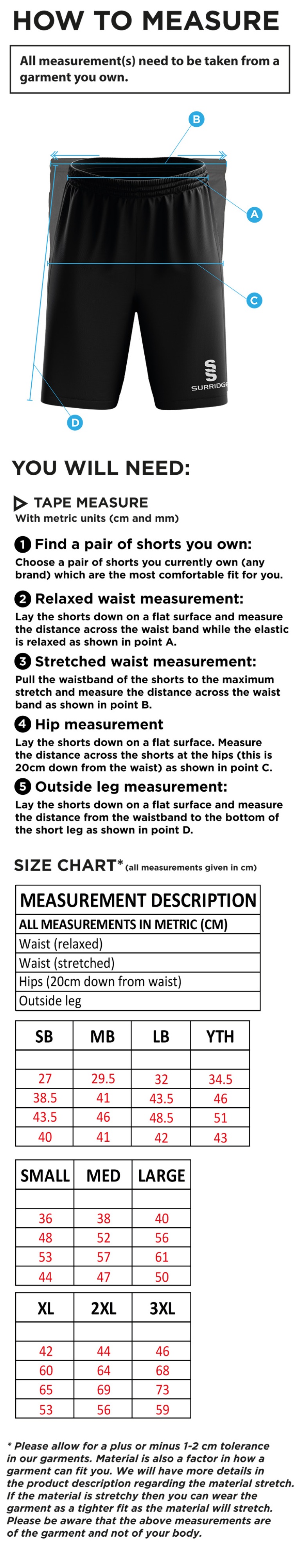 Old Halesonians Ripstop Short - Size Guide