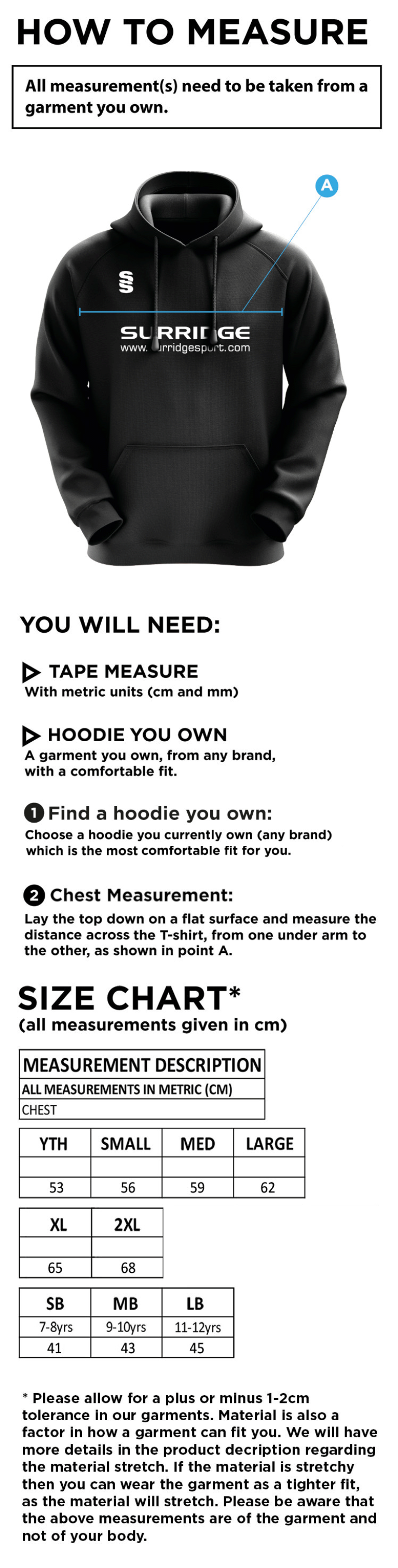 Old Halesonians Blade Hoody - Size Guide