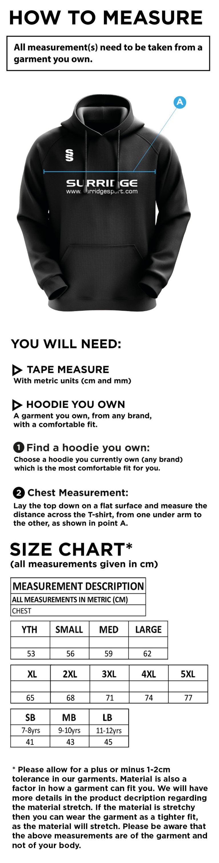 Old Halesonians Blade Hoody - Size Guide