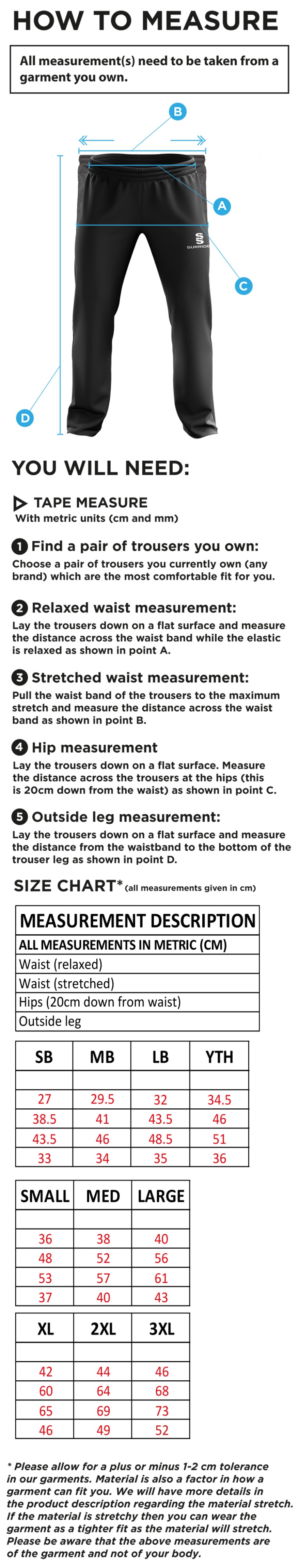 OLD HALESONIANS Youth's Rip Stop Track Pants - Size Guide