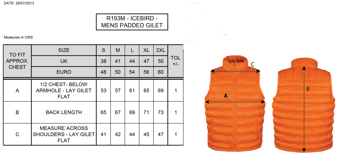 Old Halesonians Gilet - Size Guide